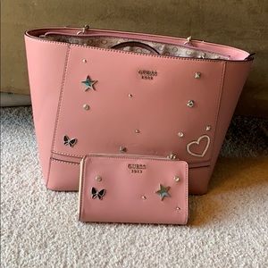 Light pink Guess tote bag and cell phone wallet